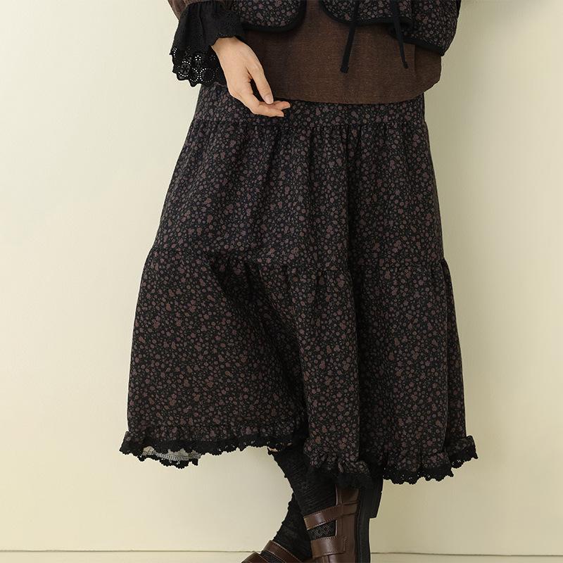 Mori-stil Retro Blommig Dubbellagers Väst med Midi Tårtkjol - Damernas Mångsidiga 2025 Vardagskläder Set