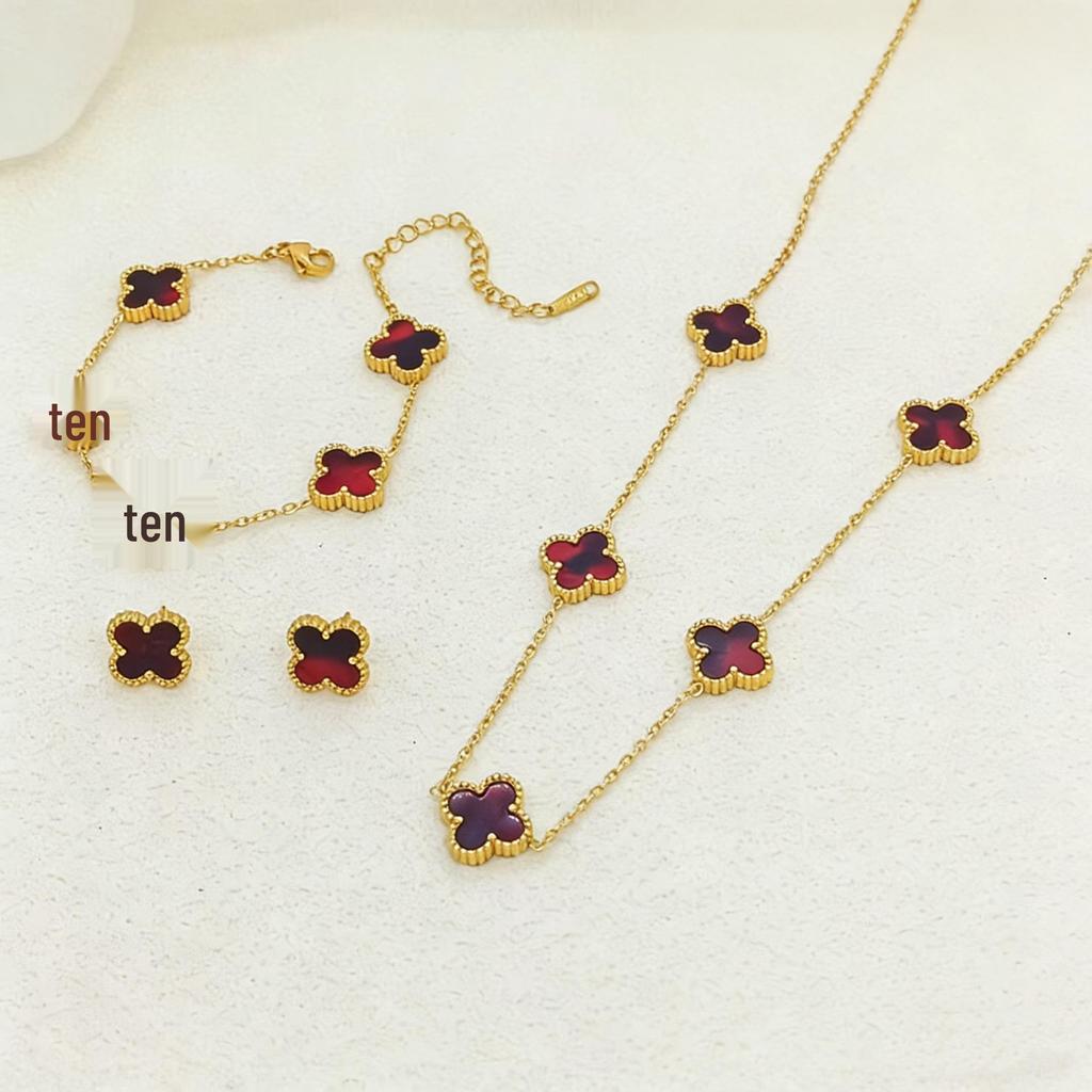 Set de Joyería de Acero de Titanio Madreperla Doble Cara Trébol de Cuatro Hojas con Pulsera, Collar y Pendientes