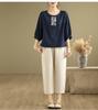 Korean Style Embroidered Cotton Linen Round Neck Mid-Sleeve Plus Size Women's T-Shirt