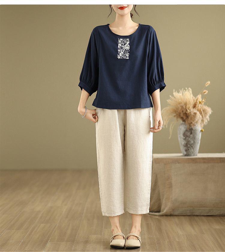 Korean Style Embroidered Cotton Linen Round Neck Mid-Sleeve Plus Size Women's T-Shirt