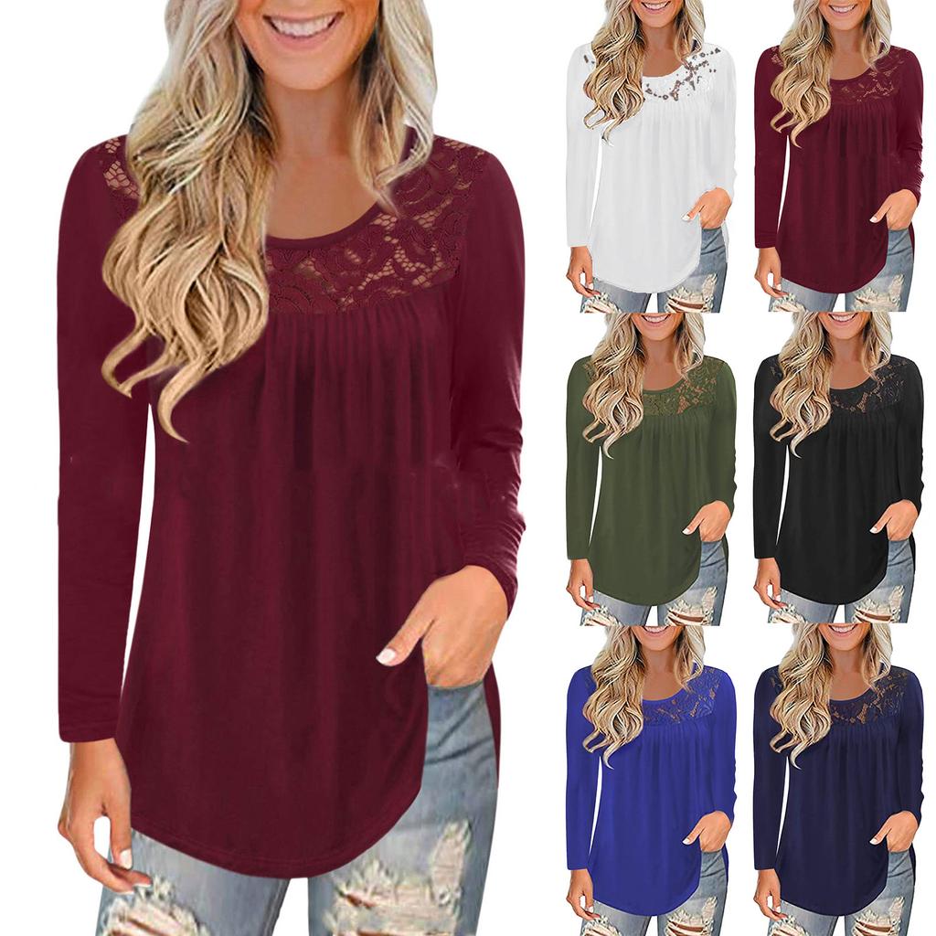 Women Fashion Lace Solid Splicing O-Neck Long Sleeve T-Shirt Blouse Tops