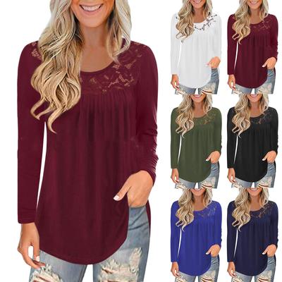 Women Fashion Lace Splicing O-Neck Long Sleeve T-Shirt Blouse Tops
