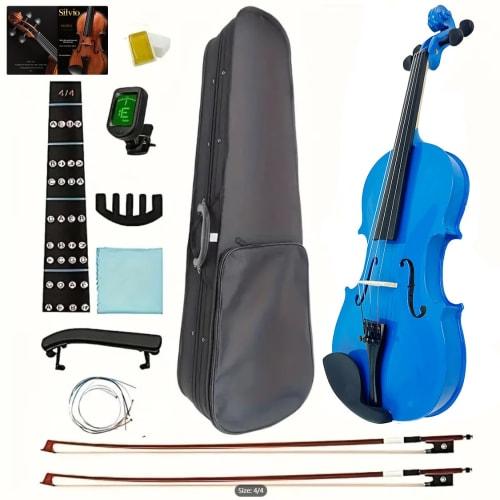 Silvio 4/4 Blue Violin - All Sizes, Beginner, Includes Case, Tuner, Rosin, Shoulder Rest, 2 Violin Bows, Extra Strings and Mute - Black - Suitable for