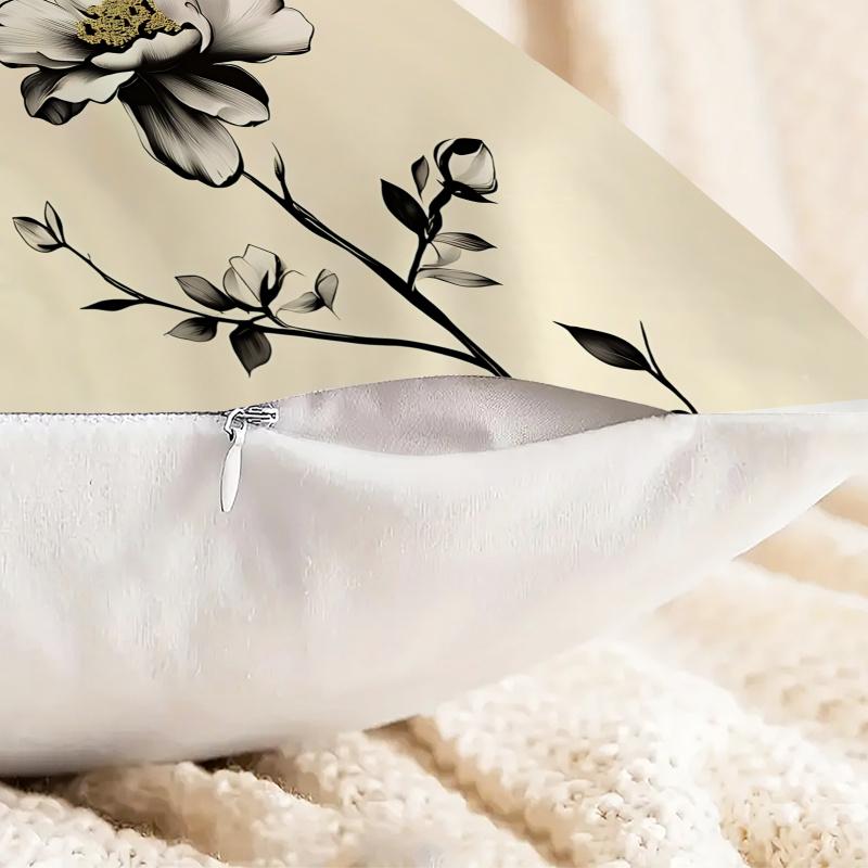 Throw Pillow Cushion Accent Pillow With Core 18.18 Inch Soft Fabric Black White Floral Print For Adult Sofa Bedroom Decor