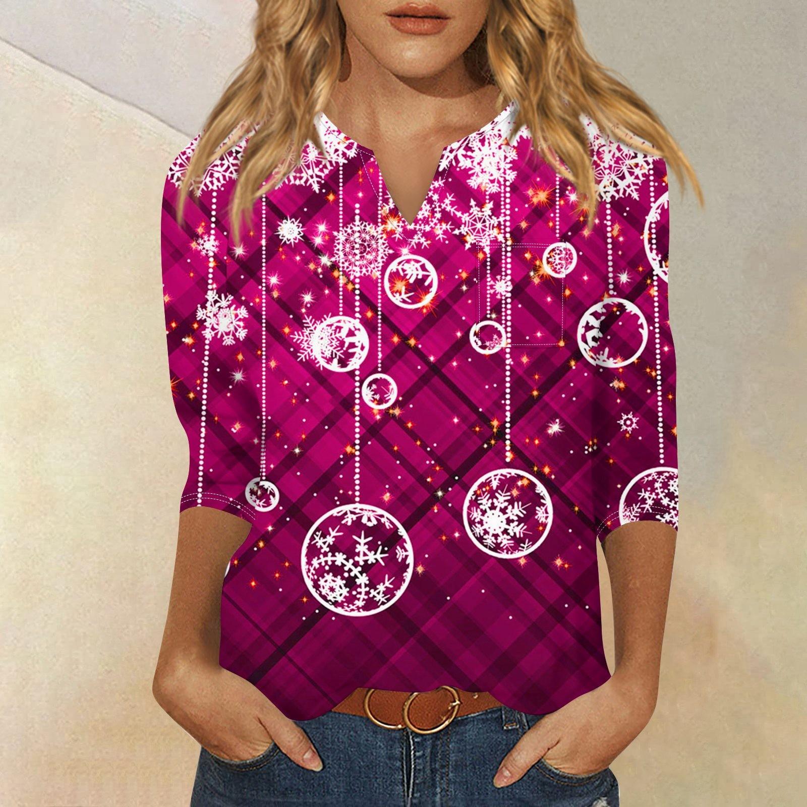 

Женская рубашка с рукавом семь дюймов, напечатанная в стиле ретро, повседневная, свободная, с V-образным вырезом, рождественская M