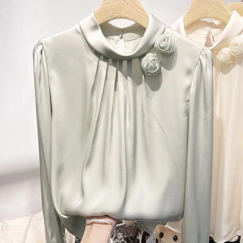 Spring Temperament Is Thin, Three-dimensional Flower Solid Color Pullover Women's Long-sleeved Satin Simulation Silk Shirt