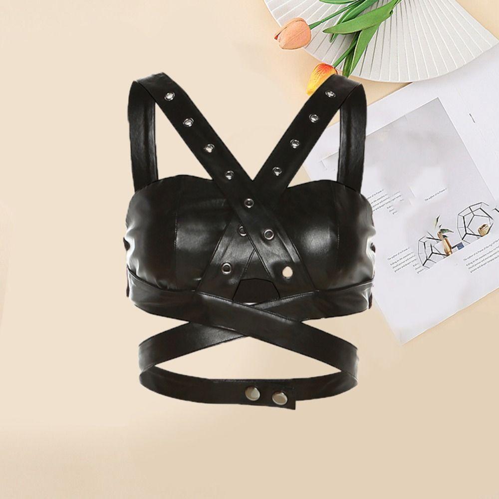 

PU Leather Punk Backless Tops Deep V-neck Sleeveless Crop Top Women Slim Vest Girls L чорний