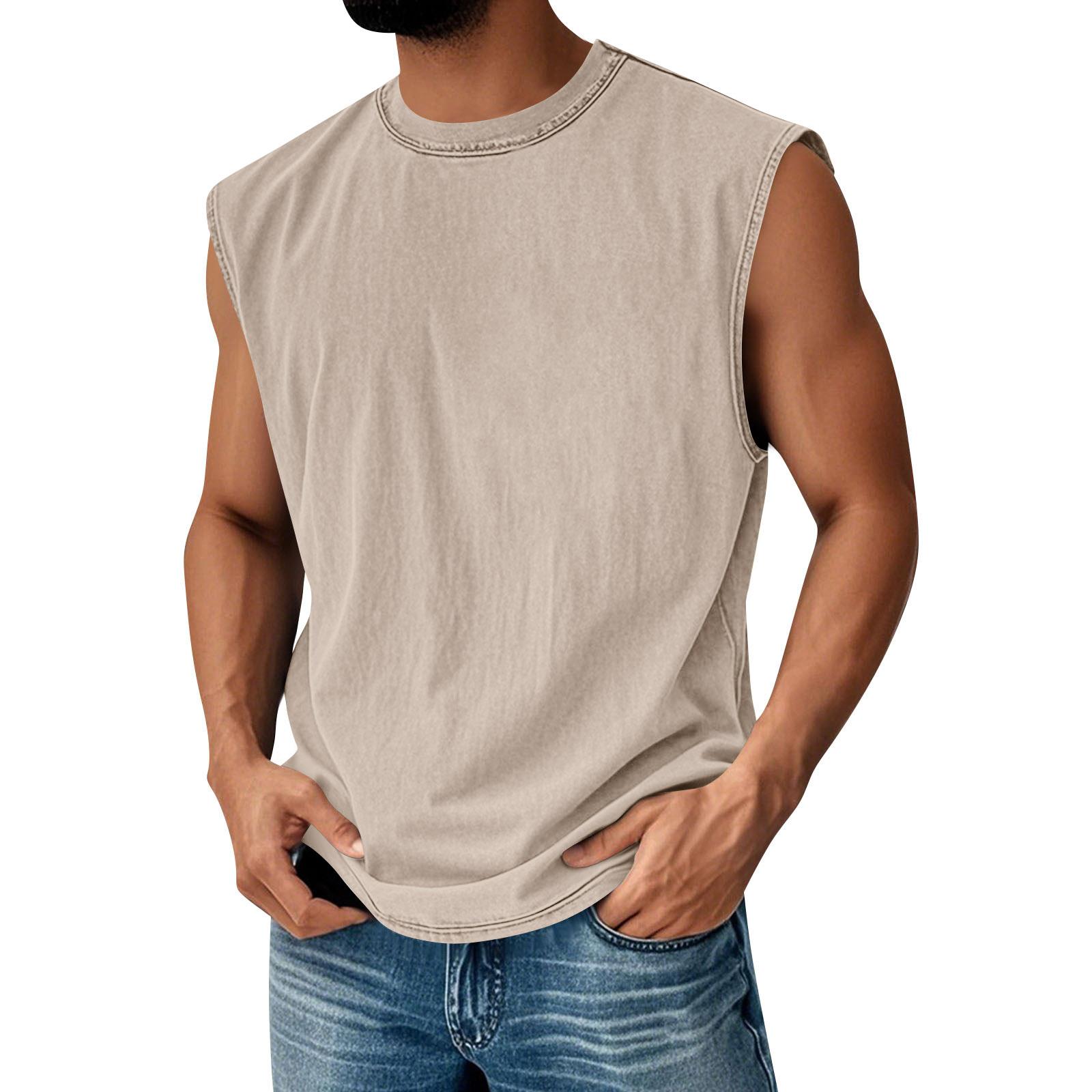 Men s Round Neck Distressed Top Casual Comfort Vest M бежевый
