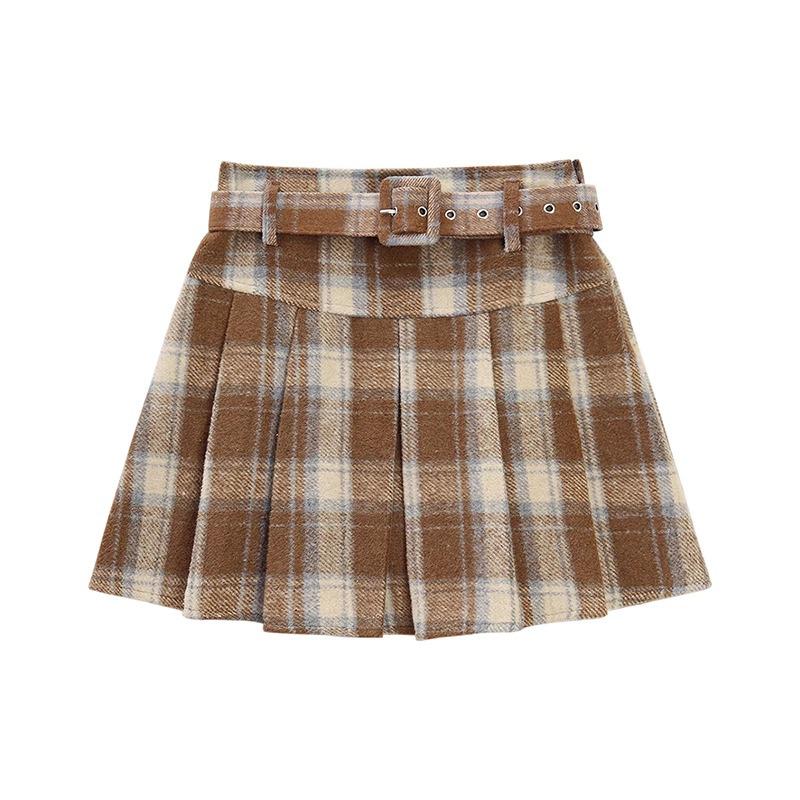 Women's Retro Plaid Wool-Blend A-Line Skirt: High Waist, Slimming, Pleated, Petite, for Spring/Autumn 2025