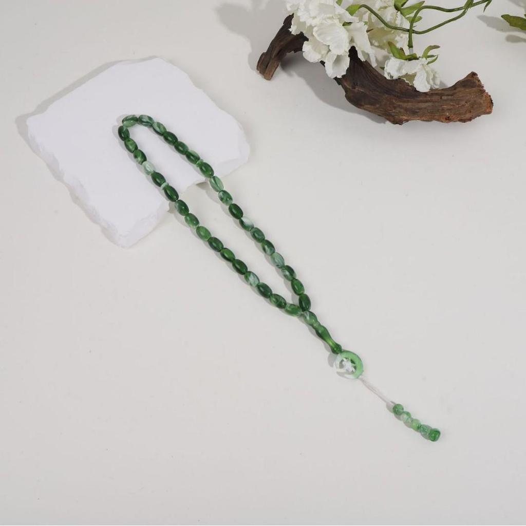 Hand-Knotted Crystal Tasbih: 33 Imitation Amber Beads Bracelet with Star and Moon Charm