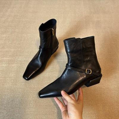 Cowhide Version~ Fashionable Niche Versatile Elegant Thick Heel Square Head Short Boots Women'S Commuting Comfortable And Not Tired Feet Fashion Boots