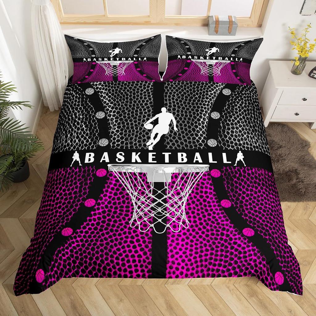 Basketball Comforter Cover Queen Size Sport Dunk Basketball Duvet Covers For Kids Teens, Black Ball Print Bedding Set All Season