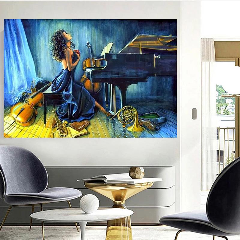 Abstract Sexy Woman Play Piano Cello Canvas Painting Romantic Music Figure Wall Art Poster and Prints for Living Room Home Decor