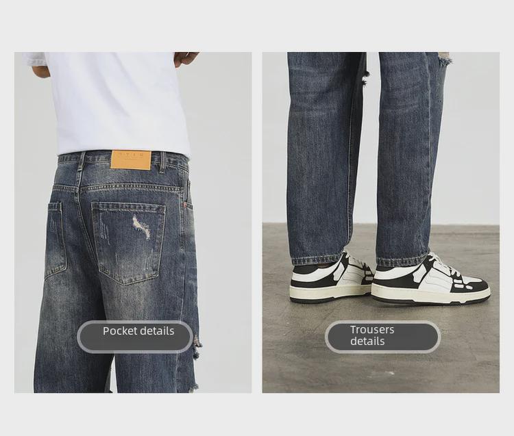 Jeans da uomo alla moda effetto used a nove punti: Casual, Strappato, Ampio, Vestibilità Affusolata per Primavera & Autunno