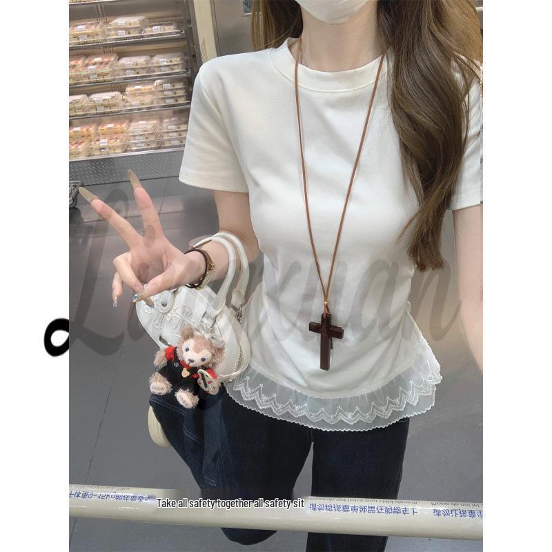 Spring-Summer Korean Style Round Neck Lace Trim Pleated Slim Short-Sleeve T-shirt Medium