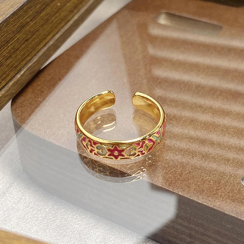 Medieval Vintage Retro Colored Enamel Open Ring Women'S Niche High-End Light Luxury Personality Ring