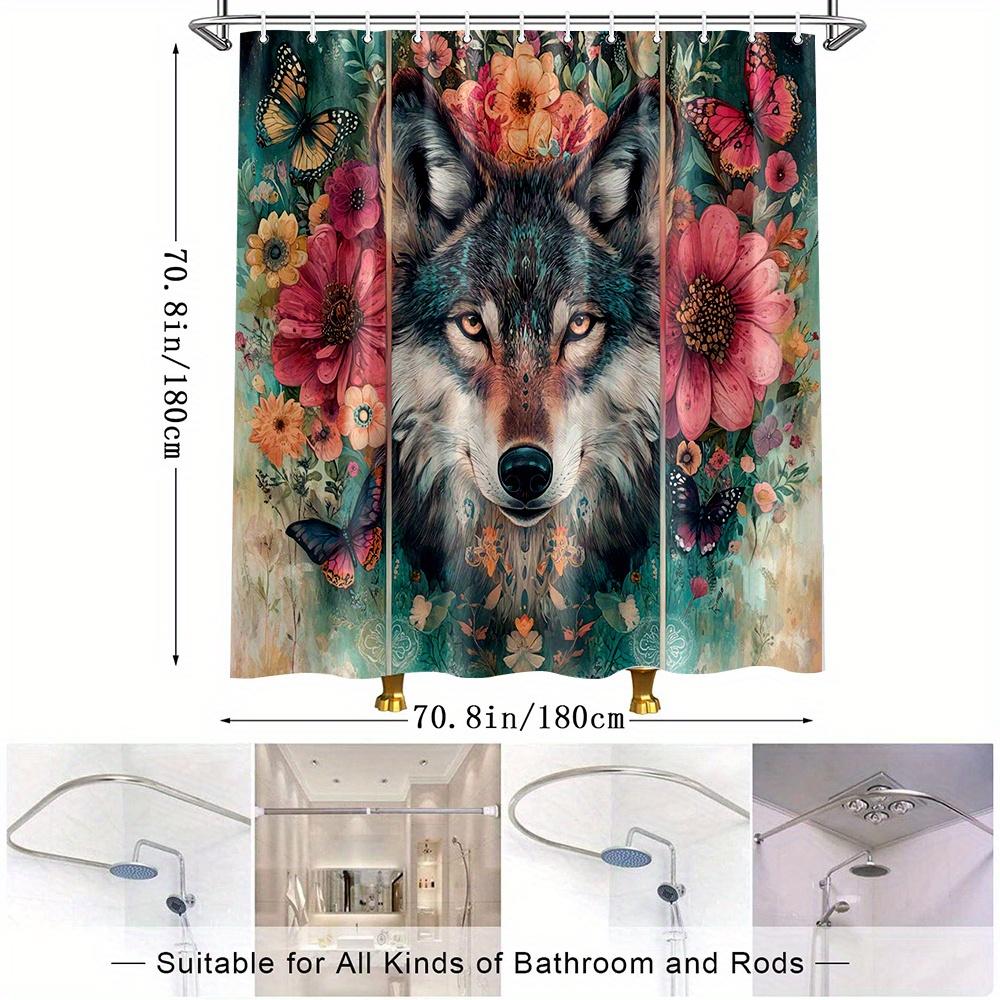 1Pc Vibrant Floral Wolf & Butterfly Shower Curtain - Polyester Fabric Bathroom Decor With 12 Hooks, 70.8X70.8 Inches, Machine