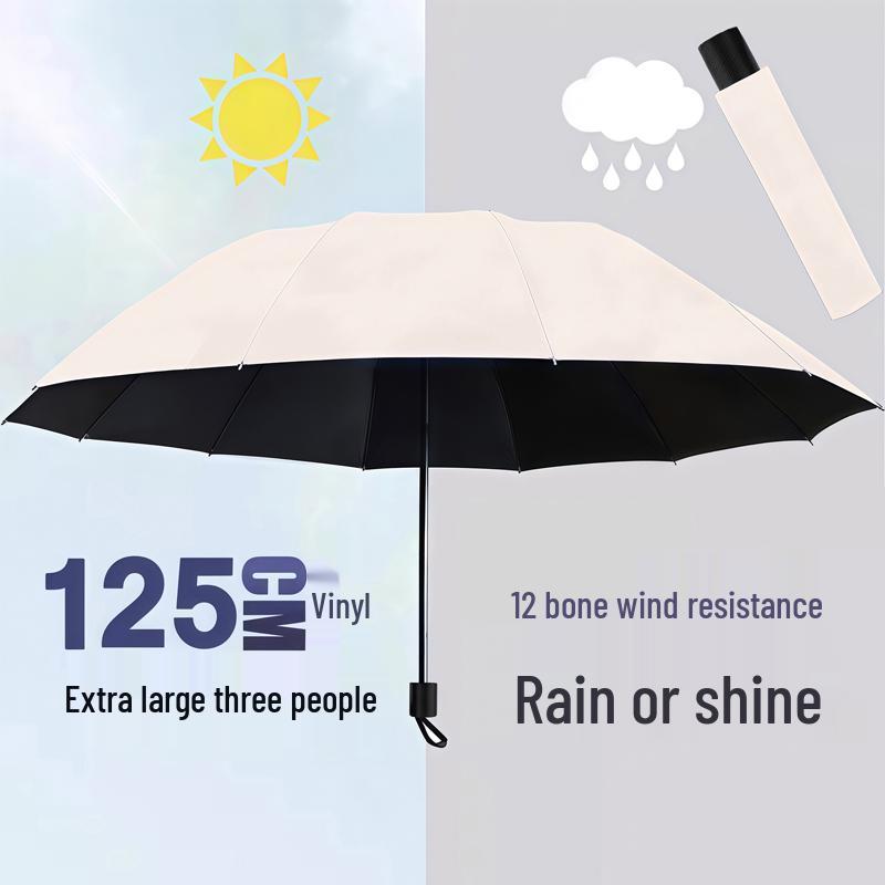 Large Dual-Use Umbrella for Sun and Rain, Manual Folding, Reinforced for Two, Black Glue Sunscreen, Suitable for Men and Women