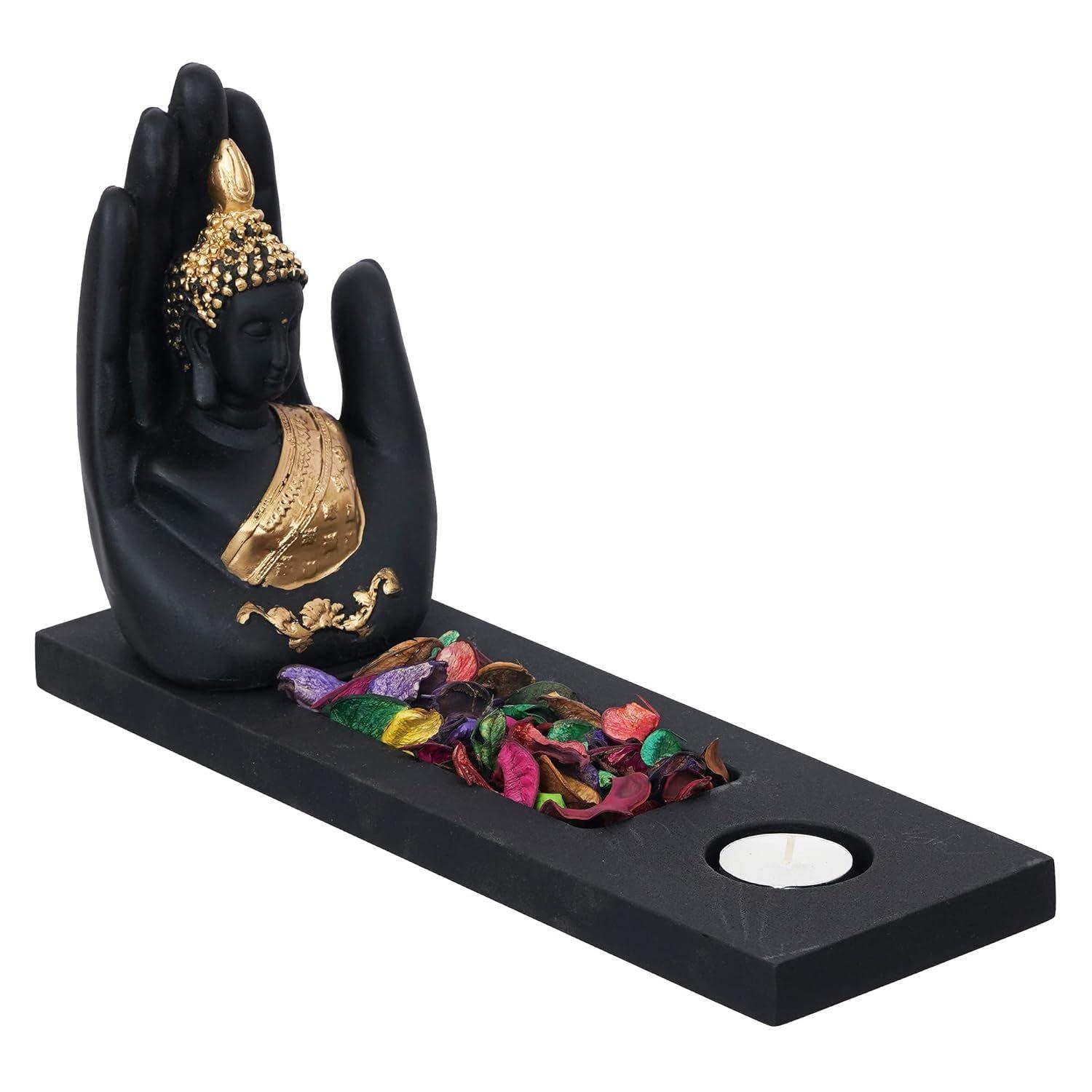 

Gold & Black Polyresin Palm Buddha Showpiece with Rectangle Wooden Base, Fragranced Petals & Tealight
