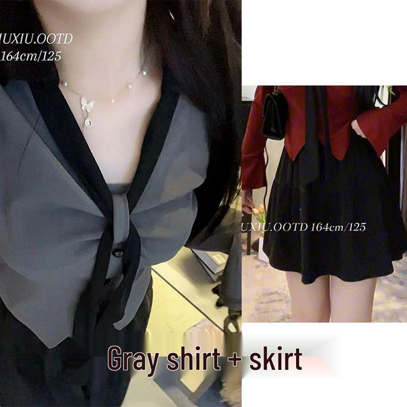 

Plus Size Spring & Autumn Slimming Two-Piece Set: Sweet Long Sleeve Top & Waist-Cinching Skirt for Curvy Women Black Short Skirt