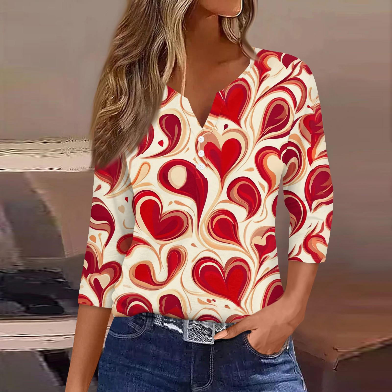 

Женский повседневный универсальный топ с V-образным вырезом и рукавом три четверти на пуговицах с принтом ко Дню святого Валентина XXL киноварь