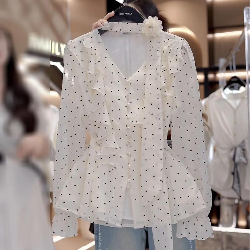 La Chapelle French Style Polka Dot Tie-Neck Blouse 2XL
