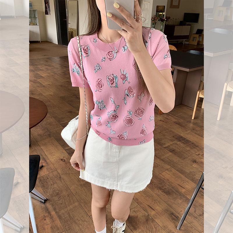 Korean chic vacation style wear knitted short-sleeved women's dopamine slim slim flower print unique top summer