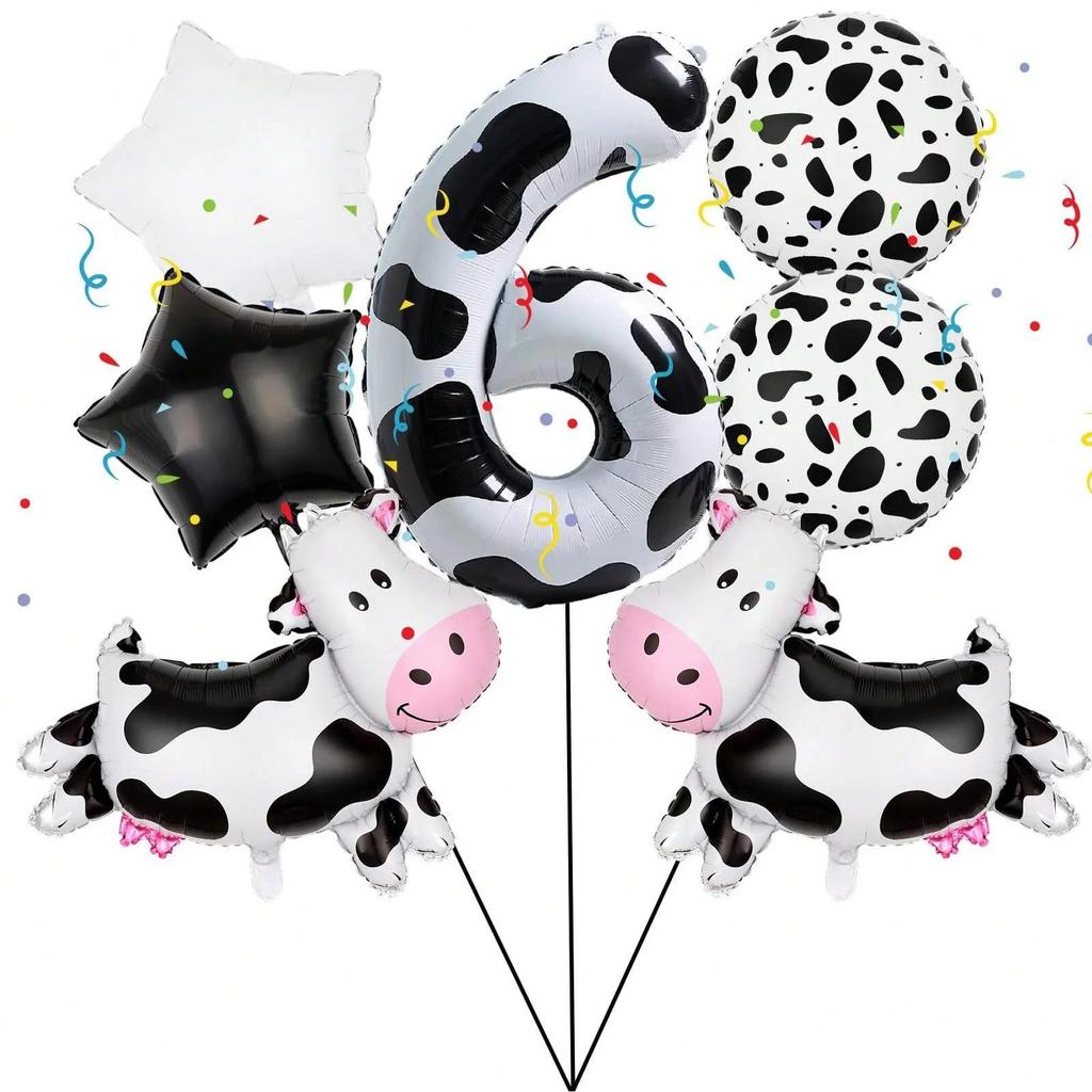 7pcs Cartoon Big Cow Balloon 40inch Black White Cow Number 0-9 Balloon Set Kid's Birthday Farm Animal Party Balloon Decoration