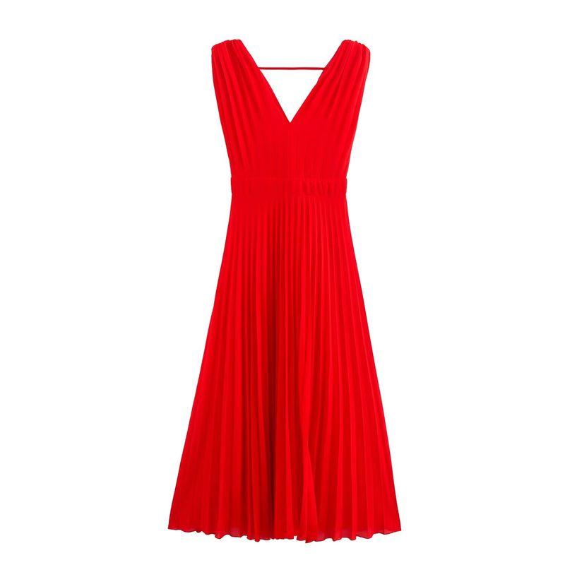 

Kaslead New Women clothes Western Style Fashion Simple Small Pleated Midi Dress 3564055 Red L