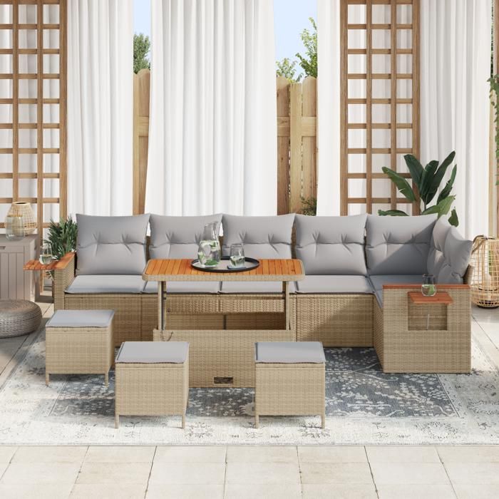 Ensemble de canapés de jardin 10 pièces avec coussins beige en poly rotin, Ensemble de salle à manger extérieur 4 pièces 3363202