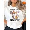 European sizes Women's Casual Short Sleeve T-Shirt with Playful Badminton Cat Graphic & "I Put the Bad in Badminton" Slogan