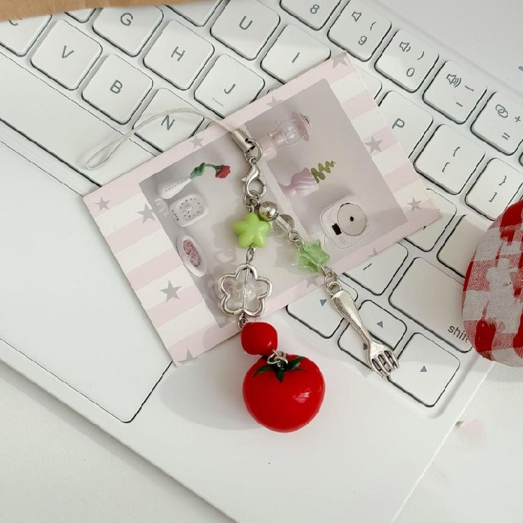 Creative Tomato Fork Keychain Phone Lanyard Resin Charm Decorative Accessory For Car Interior And Gifting