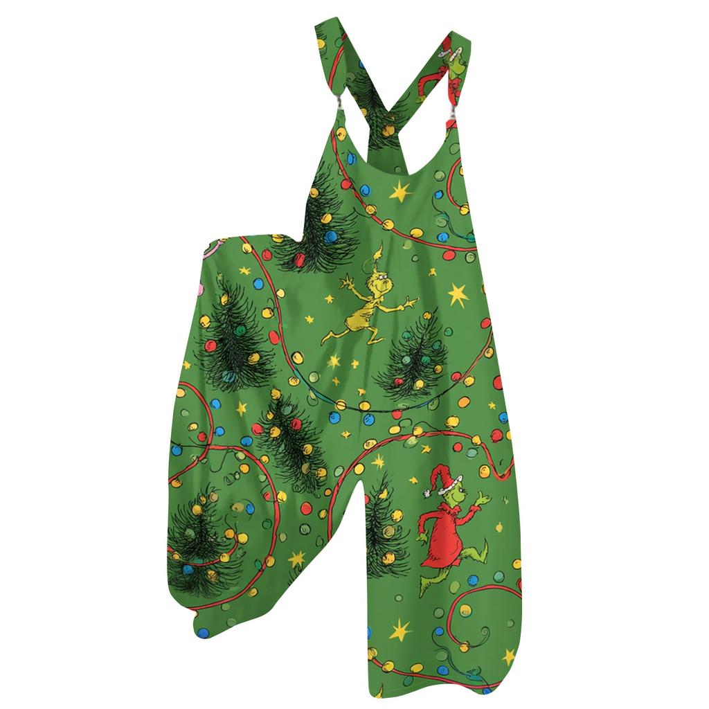 Women's Retro Casual Overalls with Novelty Print and Non-Adjustable Shoulder Straps