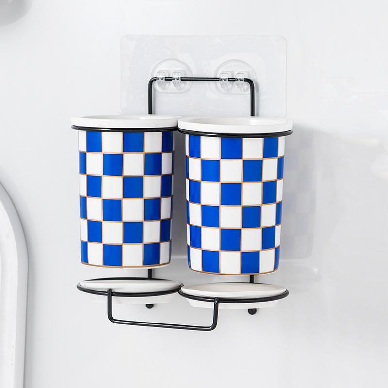 Checkerboard Ceramic Chopsticks Holder Drain Rack Chopsticks Basket Chopsticks Box Cutlery Box Storage Rack Wall-mounted Shelf