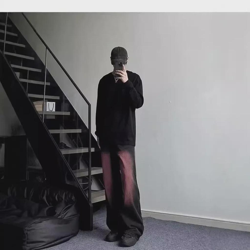 Men's Black & Pink Gradient Flared Jeans – Loose, Handsome, Comfortable High Street American Hip-Hop Style.