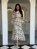 2024 Floral Print Women's Dress - Gentle Style, Round Neck, Long Sleeve, with Ruffles