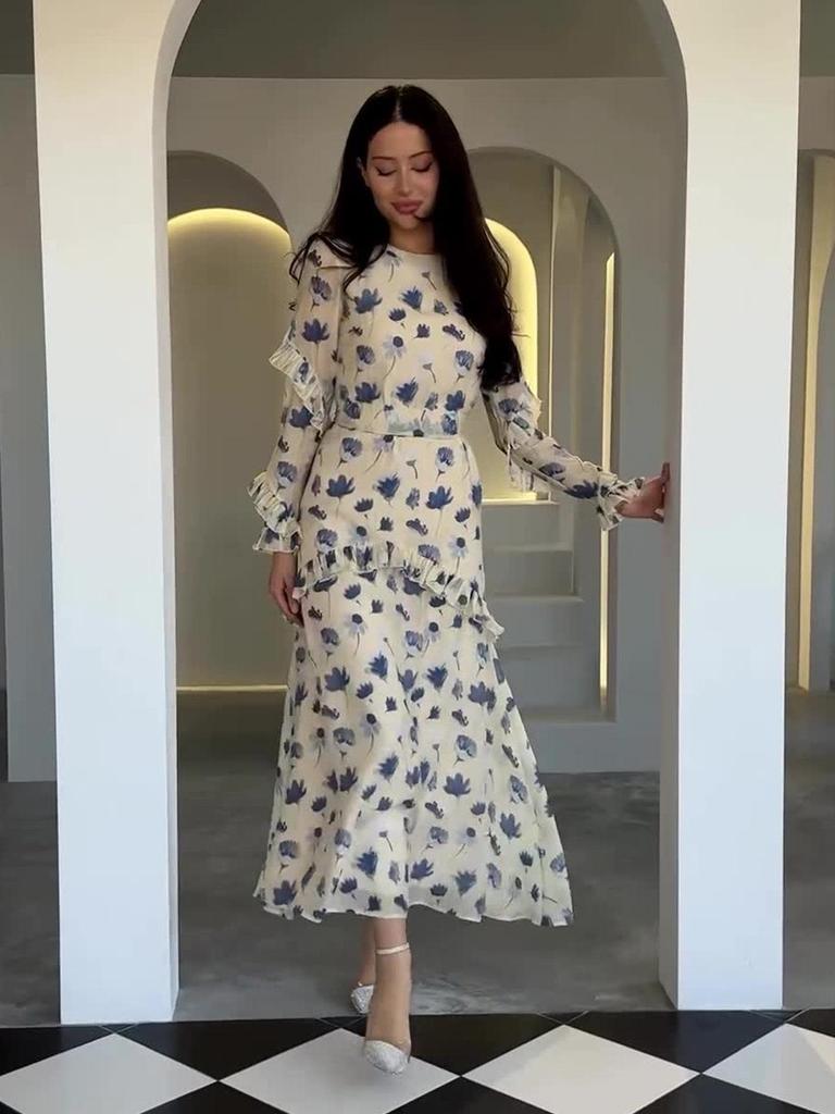 2024 Floral Print Women's Dress - Gentle Style, Round Neck, Long Sleeve, with Ruffles