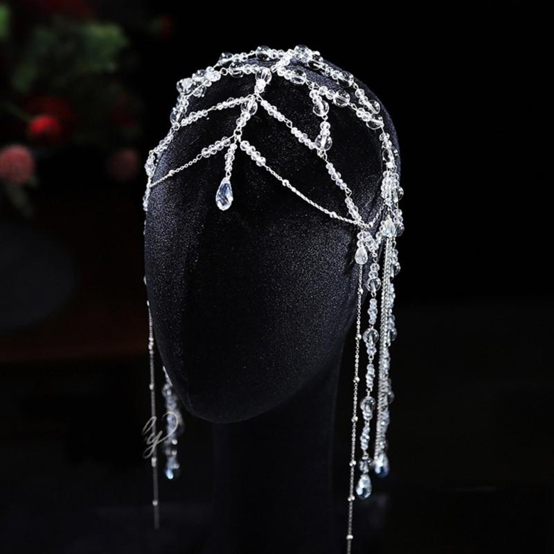 Long Tassel Water Drop Crystal Women Head Chains Clear Bead Forehead Headbands Wedding Party Fairy Ornaments Hairband