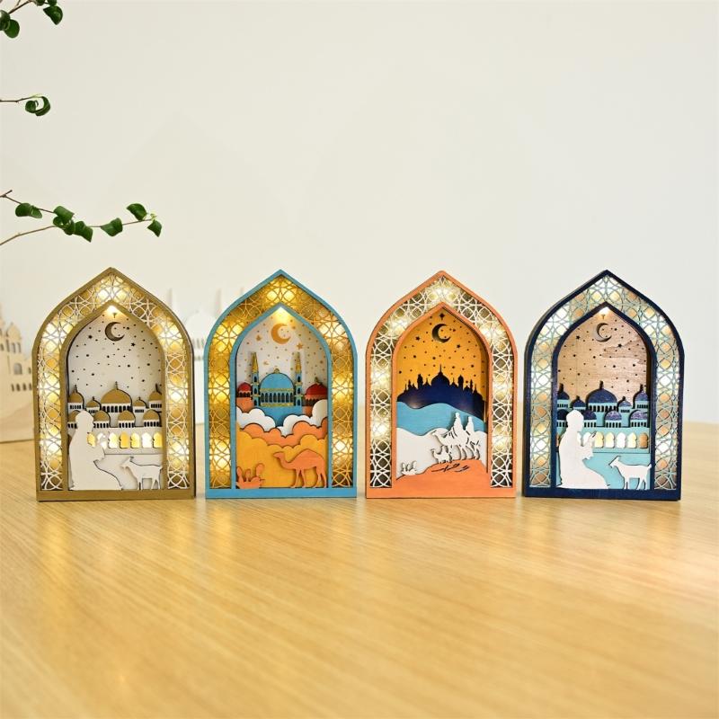 EID Wooden Pendant with LED Light Ornament Islamic Festival Supplies DIY Craft Perfect for Ramazan Home Party Decoration