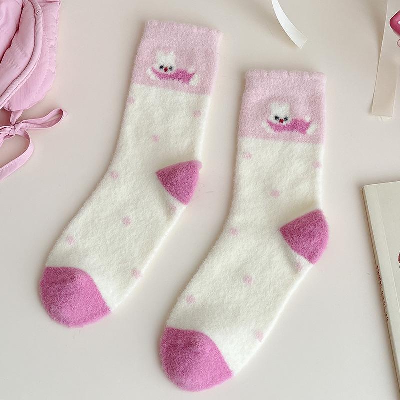 Australian Velvet Pink Fleece-Lined Women's Mid-Calf Cartoon Socks - Thick, Warm, and Fluffy Sleep & Floor Socks.