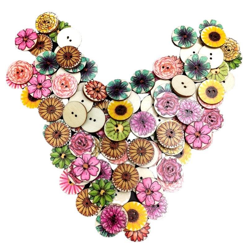 Wooden Buttons, Vintage Button Decorations, Children'S Painted Printed Diy Double-Hole Buttons, 100 Pieces Per Pack