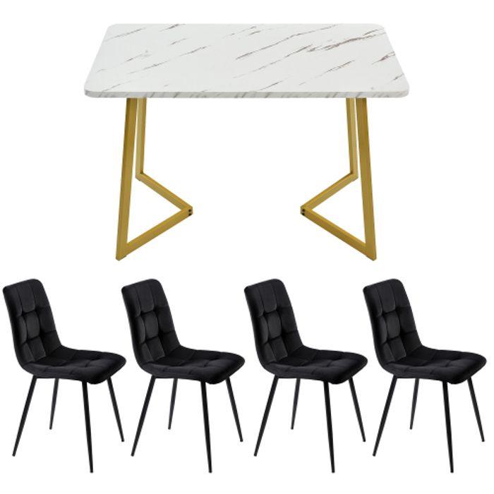 Table De Salle À Manger - 117 Cm - 4 Chaises En Velours Noir - Pieds Dorés - Design Moderne