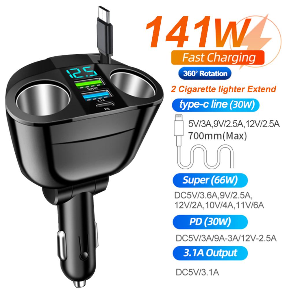 96-141W Car USB Type C PD QC3.0 Super Fast Charger 12V-24V Vehicle Cigarette Lighter Multiple Ports Universal Charging Adapter