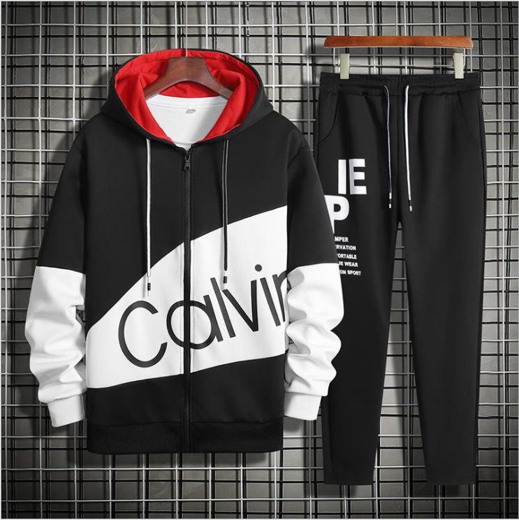 Men's 2025 Spring Korean Slim Fit Cardigan & Hoodie Sweatpants Set with Letter Accents