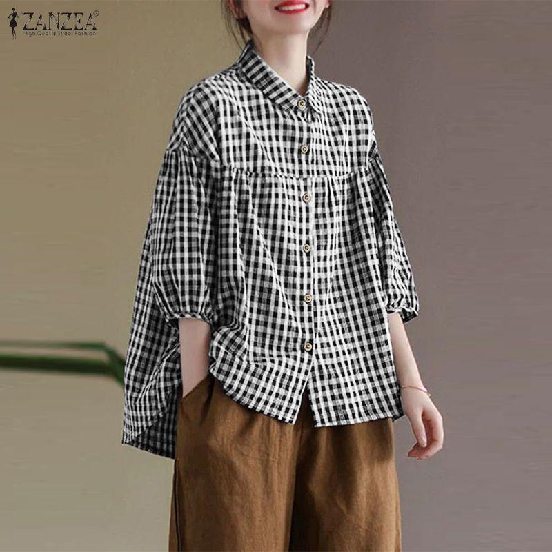ZANZEA Women Turn Down Collar Loose Casual Half Sleeve Grid Print Blouse