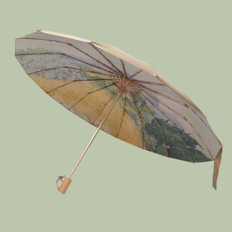 New creative three-fold 16-bone titanium hand-opened umbrella retro solid wood handle parasol sun umbrella