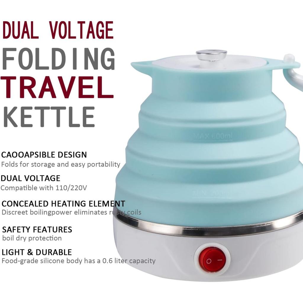 Travel Foldable Electric Kettle, Collapsible Electric Kettle Food Grade Silicone Small Pot Boiling water,Dual Voltage 600ml
