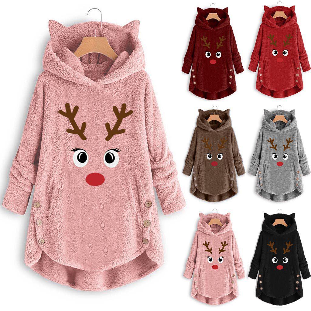 Cozy Fluffy Women's Christmas Sweatshirt With Adorable Elk Pattern And Cat Ear Design