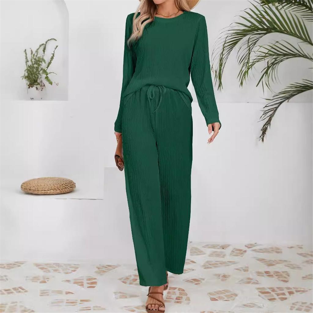 Women's Sets Casual Loose Knitted Jacquard Long-sleeved Crew Neck Top High Waist Drawstring Trousers