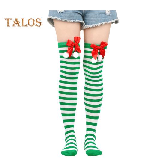 

1 пара рождественских чулок в полоску с цветными блоками в стиле ретро, яркий цветной бант, нескользящие, обтягивающие, для выступлений, косплей, мини-платье, юбка, длинные носки белый/зелёный